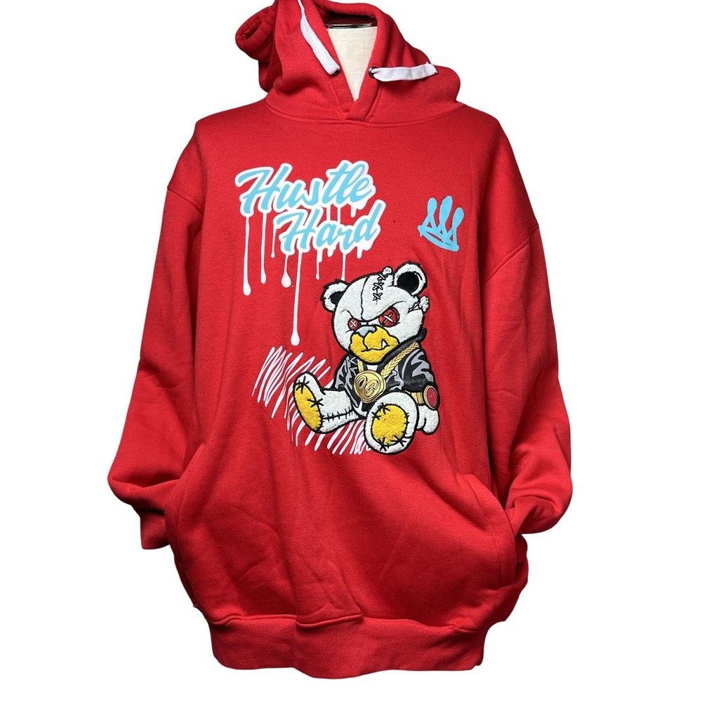 Bleecker & Mercer Hoodie Mens 3XL Red Hustle Hard Bear Graphic Pullover Fleece